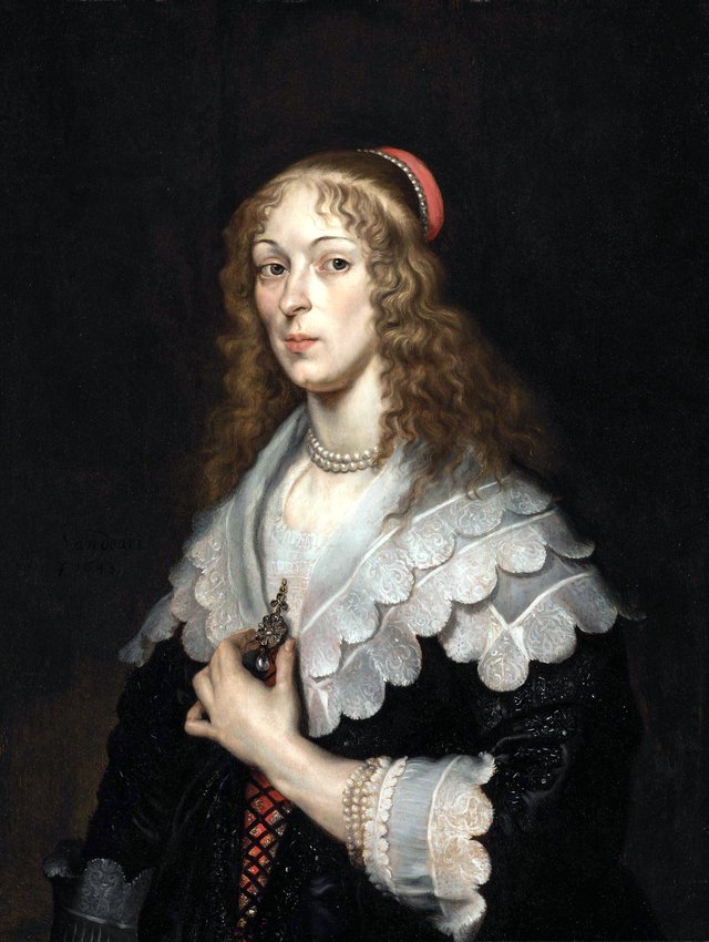 Portrait of a lady, bust-length, in an embroidered black dress by Joachim von Sandrart the Elder