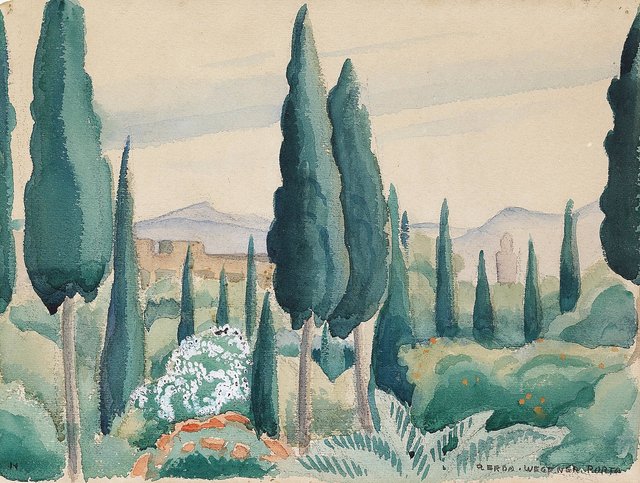 A Moroccan landscape with pine trees. by Gerda Wegener