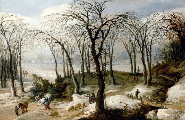 Winter landscape with an overturned horse-drawn cart, and figures driving a herd by Jan Brueghel the Younger