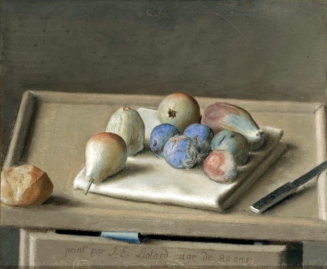 Still life of fruit on a napkin, with a bun and a knife by Jean-Étienne Liotard