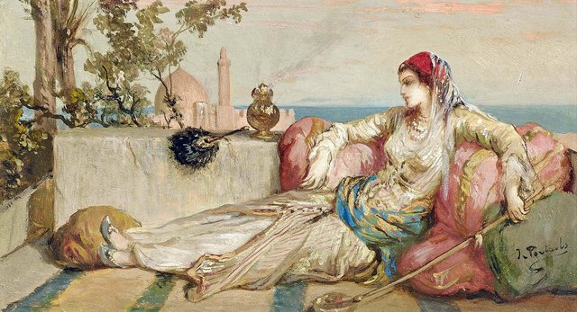 Odalisque on the terrace at dusk by Jean-François Portaels