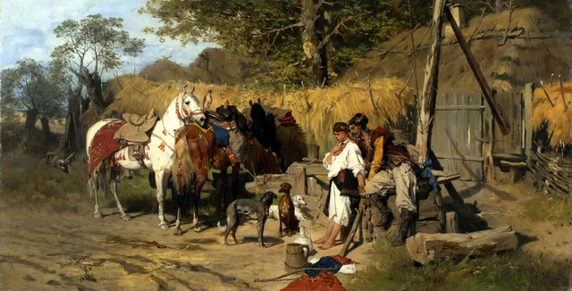 Cossack and a girl at the well by Józef Brandt