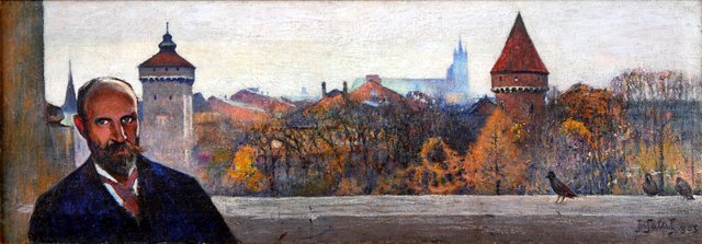 Self-portrait against the view of Kraków by Julian Fałat