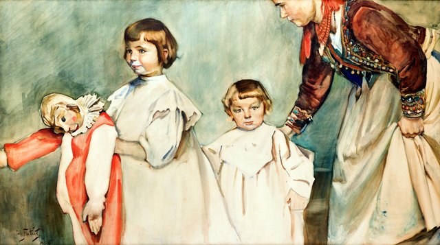 Artist's children with the nanny by Julian Fałat