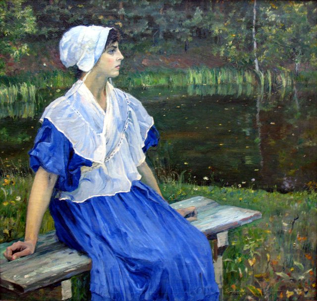 Girl by the pond (Portrait of N.M. Nesterova), 1923 by Mikhail Nesterov