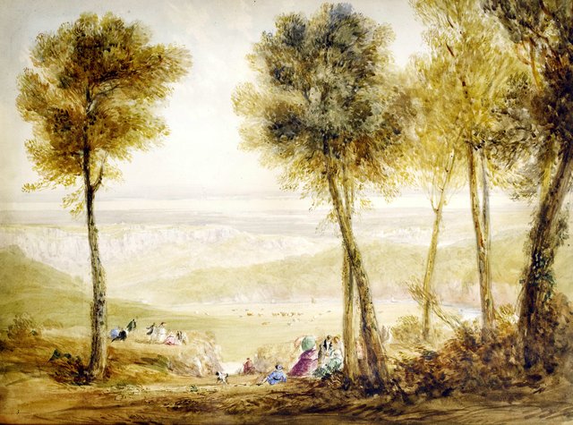 An extensive view of the Severn Valley with figures picknicking on the Wyndcliffe by David Cox
