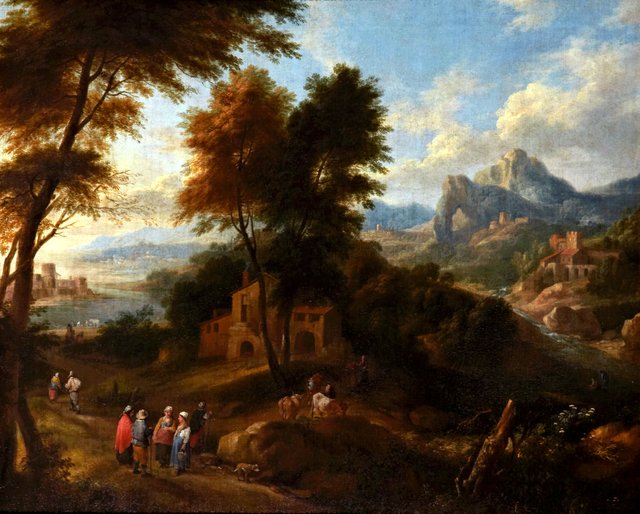 An Extensive River Landscape with Figures around a Village with a Town in the Distance by Adriaen Frans Boudewyns