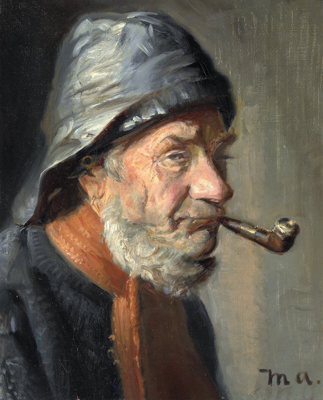 A fisherman from Skagen smoking a pipe. by Michael Ancher