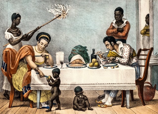 The Dinner, a white couple being served and fanned by black slaves by Jean-Baptiste Debret