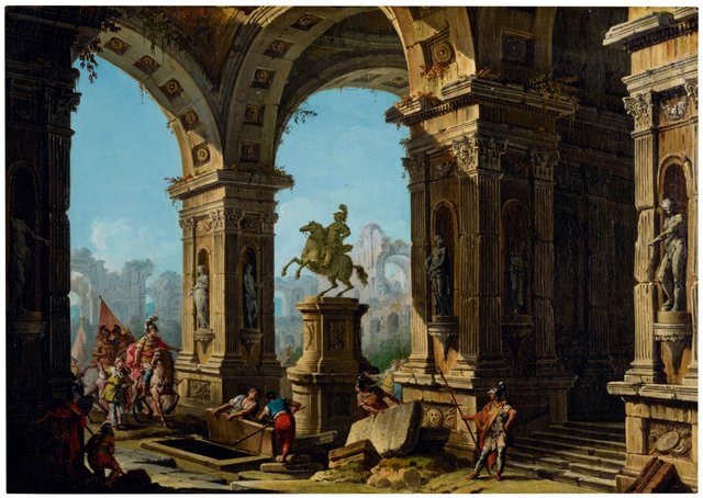 A capriccio view of a classical portico with Alexander The Great before the tomb of Achilles by Antonio Joli