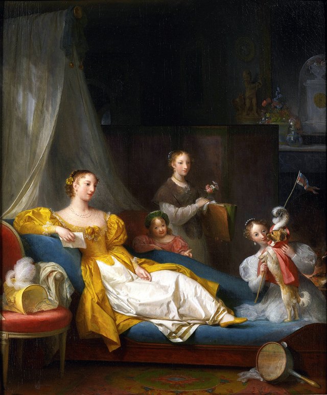 A family in an interior playing with a dog by Marguerite Gérard