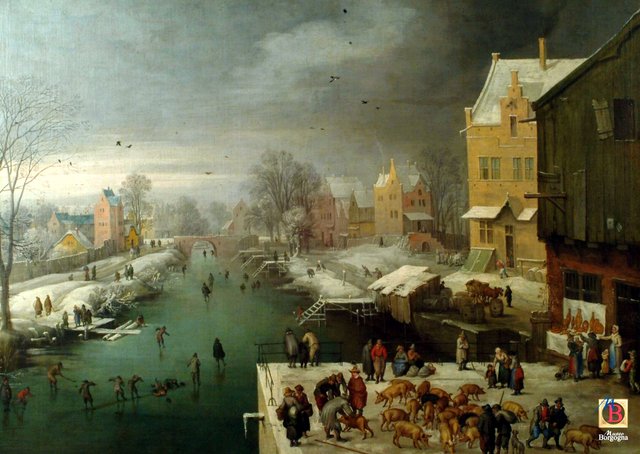 Winter landscape with skaters and a pig market by Joos de Momper the Younger