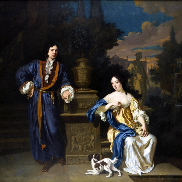 A gentleman and a lady in a park by Jan Verkolje