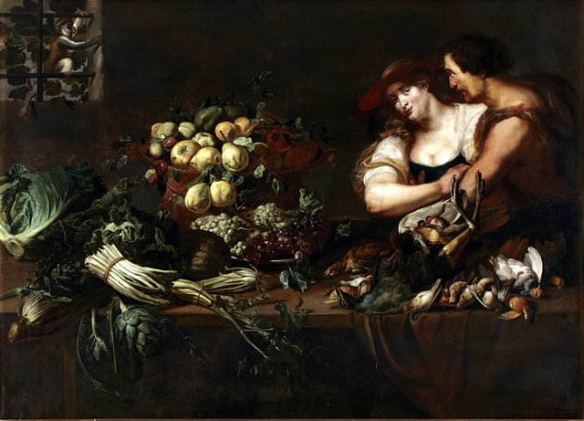 A Kitchen Still Life with Figures, oil on canvas by Adriaen van Utrecht and studio by Adriaen van Utrecht