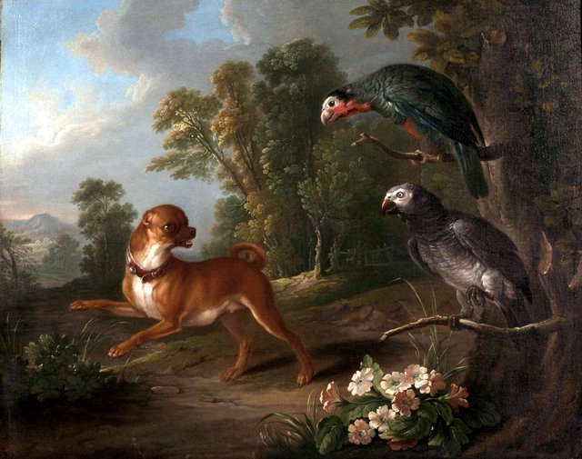 A miniature pug and two African grey parrots in a landscape by Christophe Huet