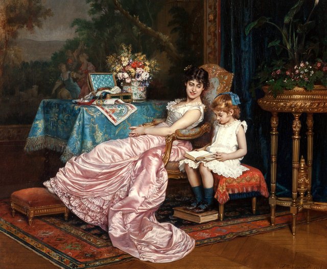 A mother and daughter reading by Auguste Toulmouche
