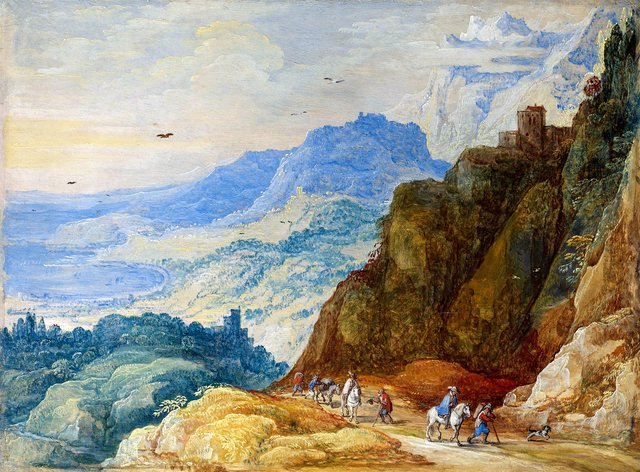 A mountainous landscape with travelers on a path by Joos de Momper the Younger