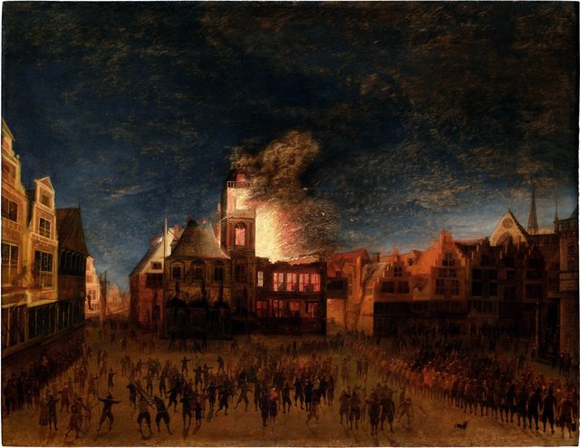 Fire of the old Amsterdam town hall on Dam Square, 7 July 1652 by Gerrit Lundens