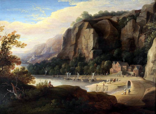 A rocky cove with fisherfolk on the shore, an artist sketching in the foreground by Jacques d'Arthois