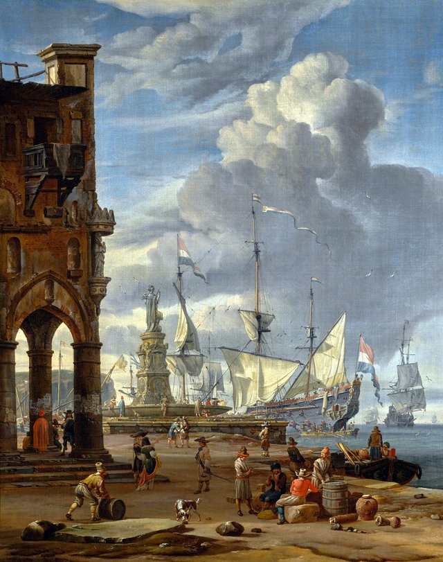 A southern port scene with numerous figures on a quayside by Abraham Storck