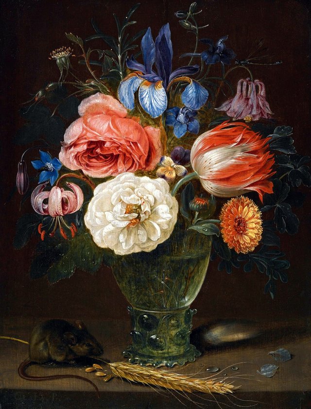 A Still Life Of Flowers In a Roemer With a Field Mouse And An Ear Of Wheat by Clara Peeters