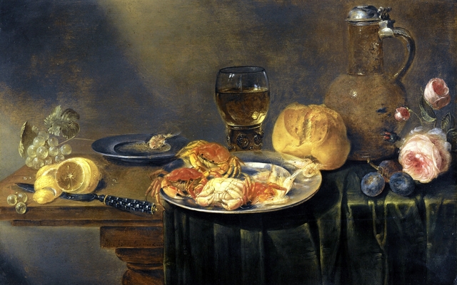 A Still Life with Roses, a Jug, a Loaf of Bread, a Filled Wine Glass, Two Plates with Prawns and Crabs, a Knife, a Partly-Peeled Lemon and Grapes over a Partly-Draped Table by Alexander Adriaenssen