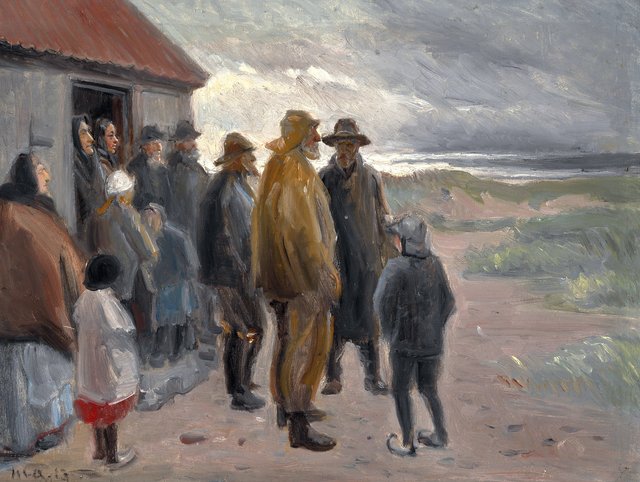 Outside the fisherman's house. Stormy weather, Skagen. by Michael Ancher