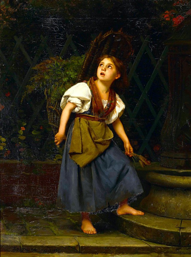 A young girl returning home with cuttings by Vlaho Bukovac