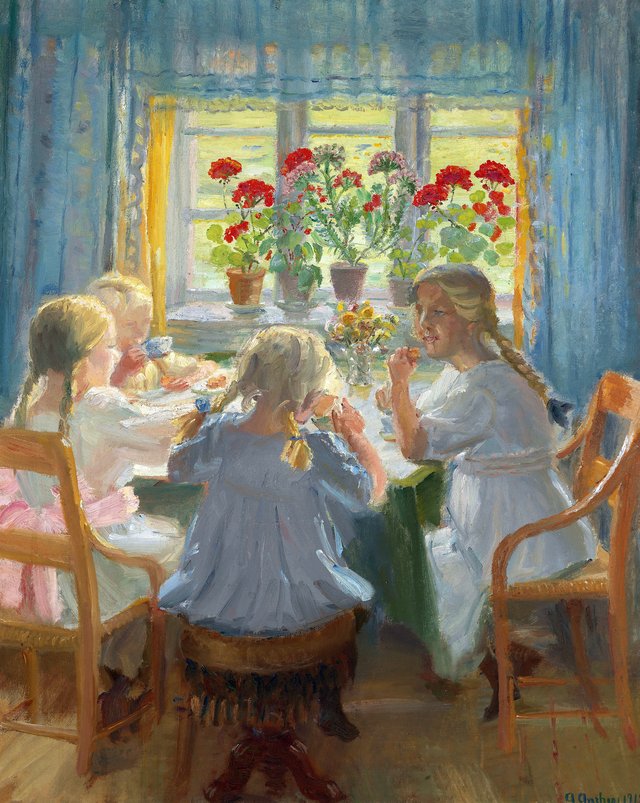 Little girls having a tea party in Nordstuen in Anchers' house on Markvej, Skagen. by Anna Ancher