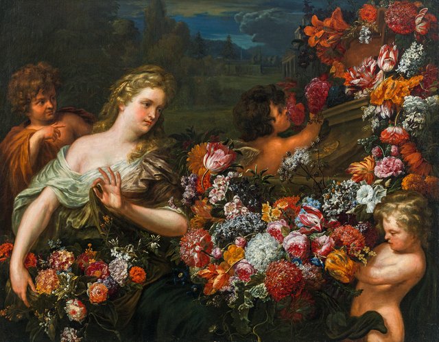 Flora with cherubs and flowers in Italian landscape by Abraham Brueghel