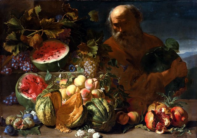 Still life of fruit with a man by Abraham Brueghel