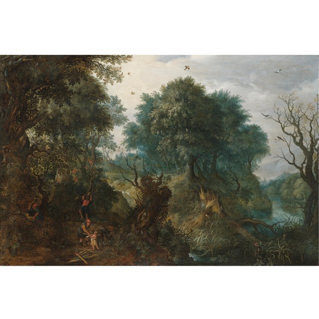 A Wooded Landscape with Woodcutters near a River by Abraham Govaerts