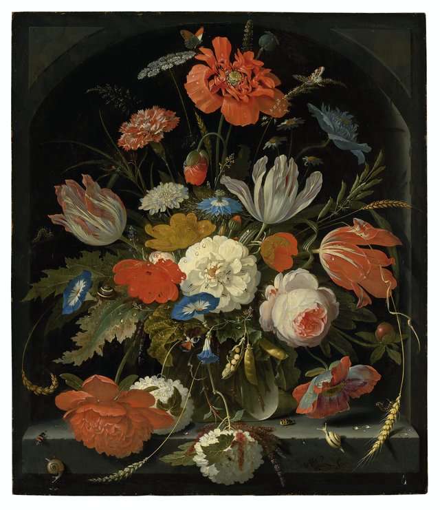 Flowers in a glass vase, with snails and insects, in a niche by Abraham Mignon