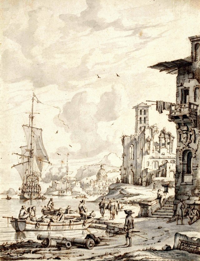 Ships at the entrance of a port, the dome of a church in the background by Abraham Storck