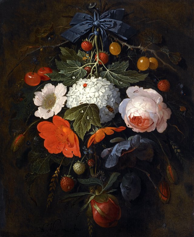 Festoon of flowers and fruit, along with a variety of insects by Abraham Mignon