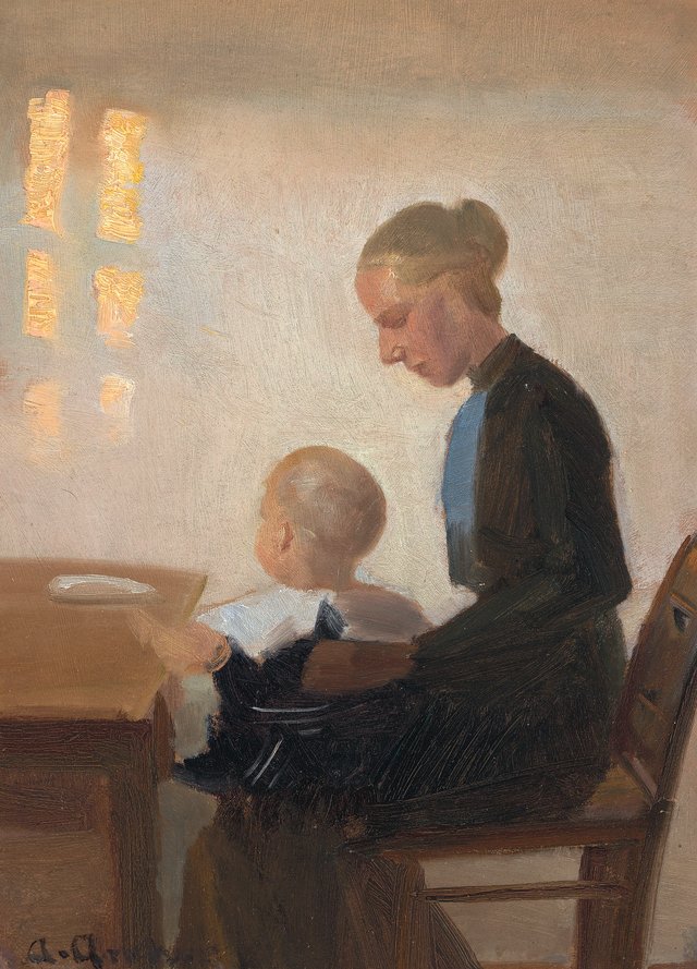 An interior with a mother and child. by Anna Ancher