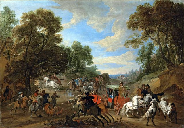A wooded landscape with a coach being ambushed in a clearing by Adam Frans van der Meulen
