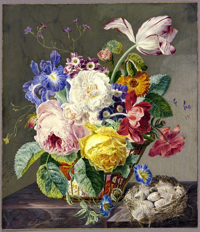 Flower still life with bird's nest by Jan van Huysum