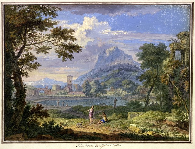 Landscape with an Italian city near a mountain, with a ruined tempel and figures with a dog by Jan van Huysum