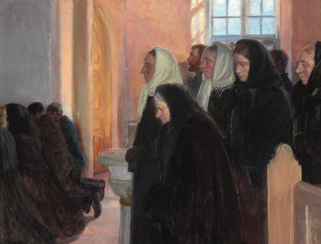 Communion in the church of Skagen. Sunlight through the church window. by Anna Ancher