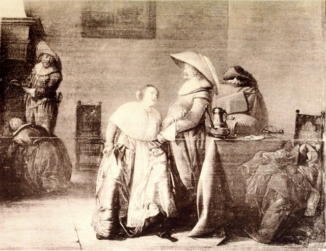 Interior with a young woman and an officer in conversation by Pieter Codde