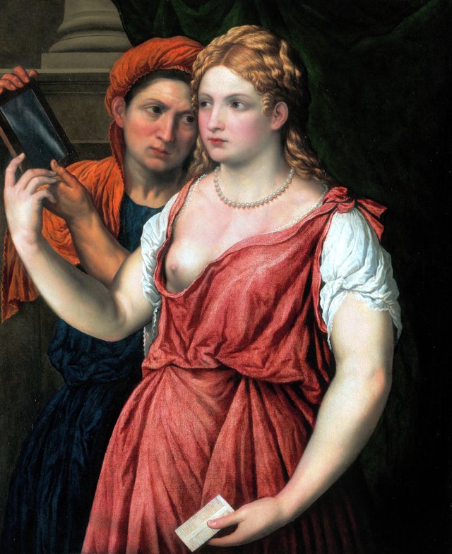 Young Woman Holding a Mirror with Her Servant by Paris Bordone
