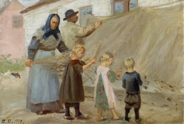 Disentangling the fishing net. Study. by Anna Ancher