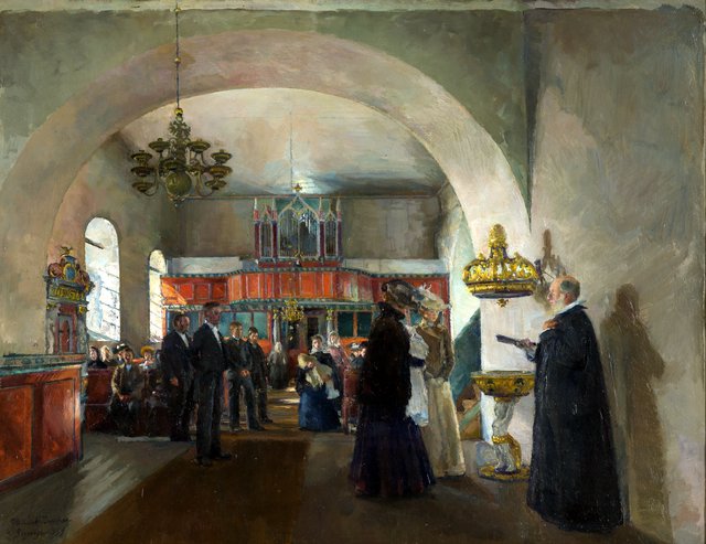 Christening in Stange Church by Harriet Backer