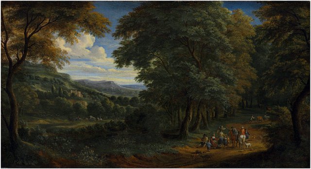 A wooded landscape with horsemen greeting travelers on a path by Adriaen Frans Boudewyns