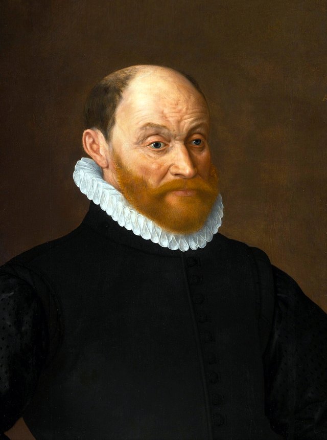 Portrait of a bearded gentleman, bust-length, wearing black and a ruff by Adriaen Thomasz. Key