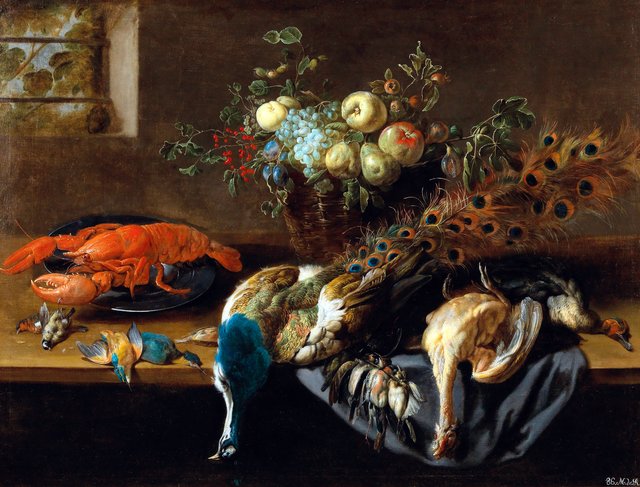 A peacock, fruit, boiled lobster and a prey of birds by Adriaen van Utrecht