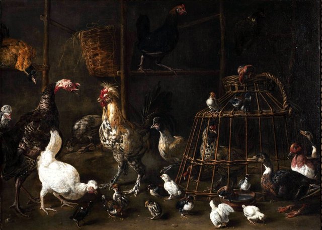 A barn interior with a turkey by Adriaen van Utrecht