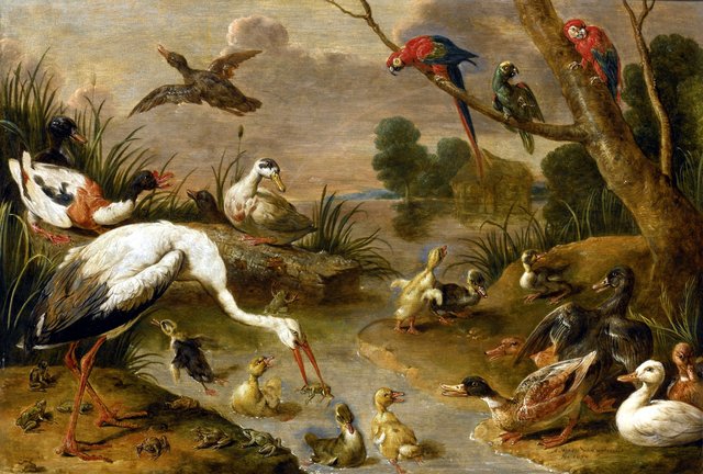 Birds, including ducks, parrots and a heron, in an extensive landscape by Adriaen van Utrecht