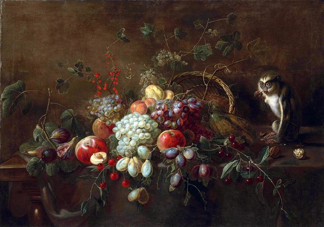 Grapes, apples, plums, figs and other fruit on a partly draped wooden table, a monkey eating walnuts by an upturned woven basket by Adriaen van Utrecht